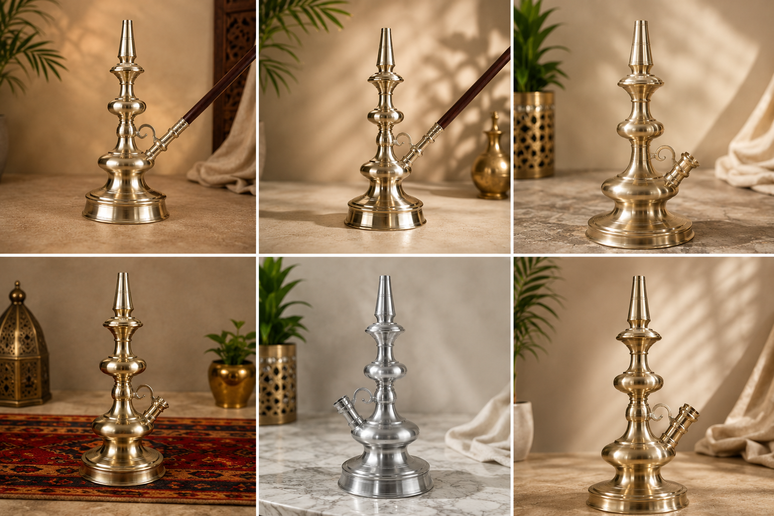 Handcrafted brass hookahs — alternate workshop lineup angle